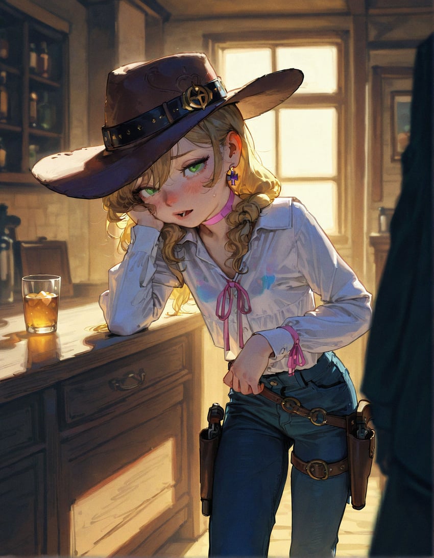 1girl, alcohol, backlighting, bapao, bar_(place), blonde_hair, blush, character_request