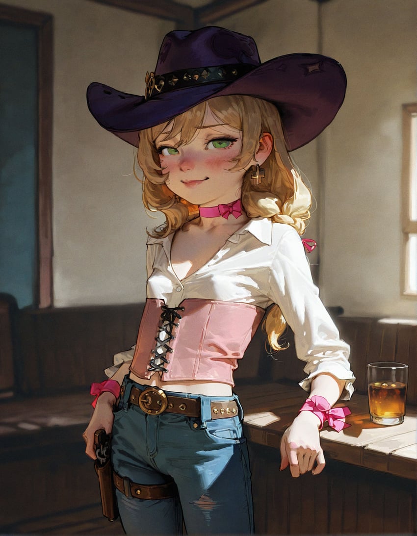 alcohol, bapao, blonde_hair, blush, breasts, character_request, choker, copyright_request