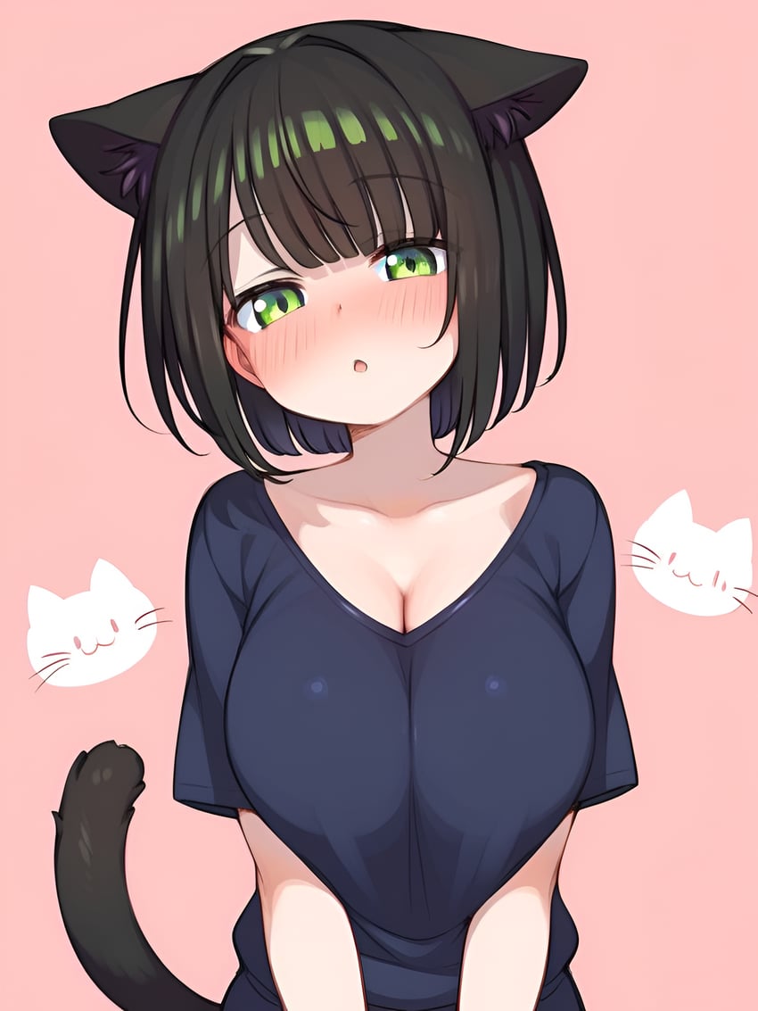 1girl, :o, animal_ear_fluff, animal_ears, bangs, black_hair, black_tail, blue_shirt