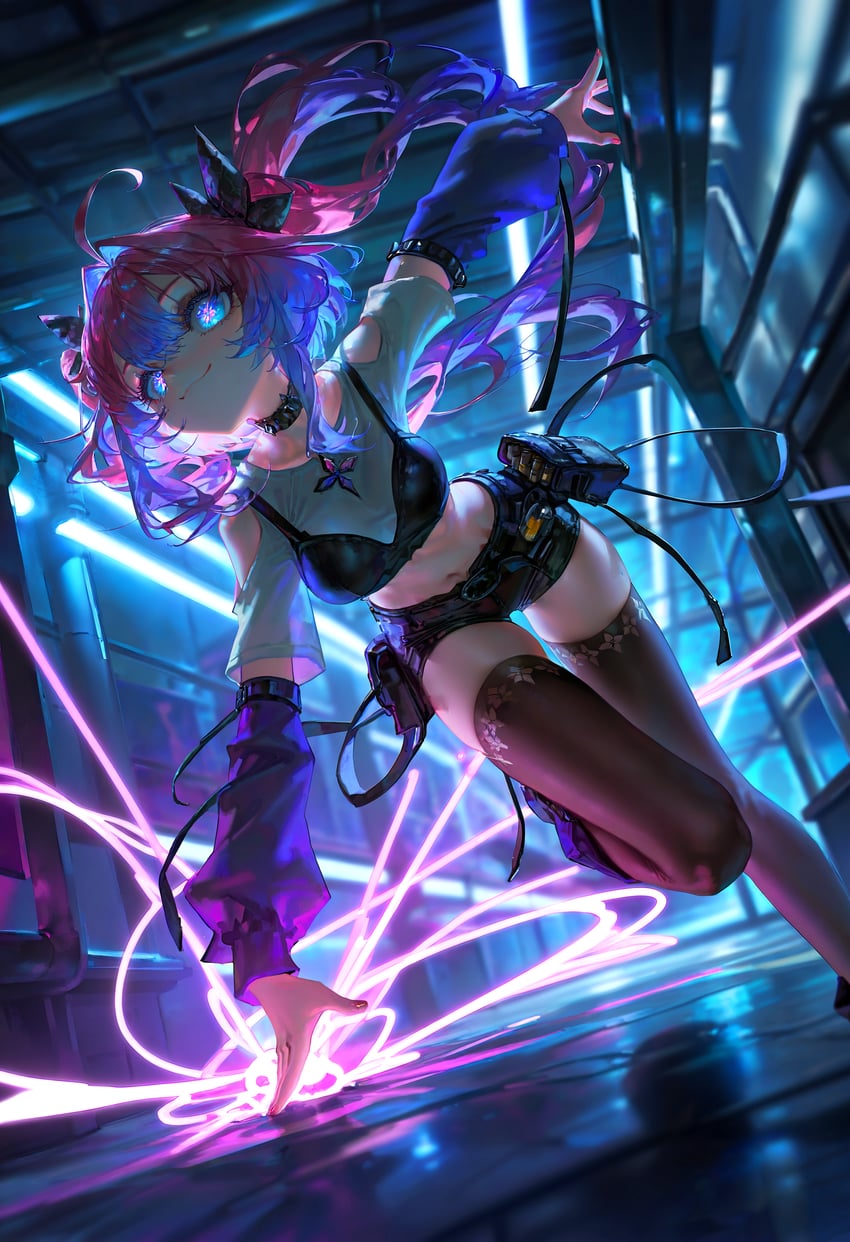 1girl, :3, absurdres, ahoge, arm_support, bangs, belt, belt_pouch