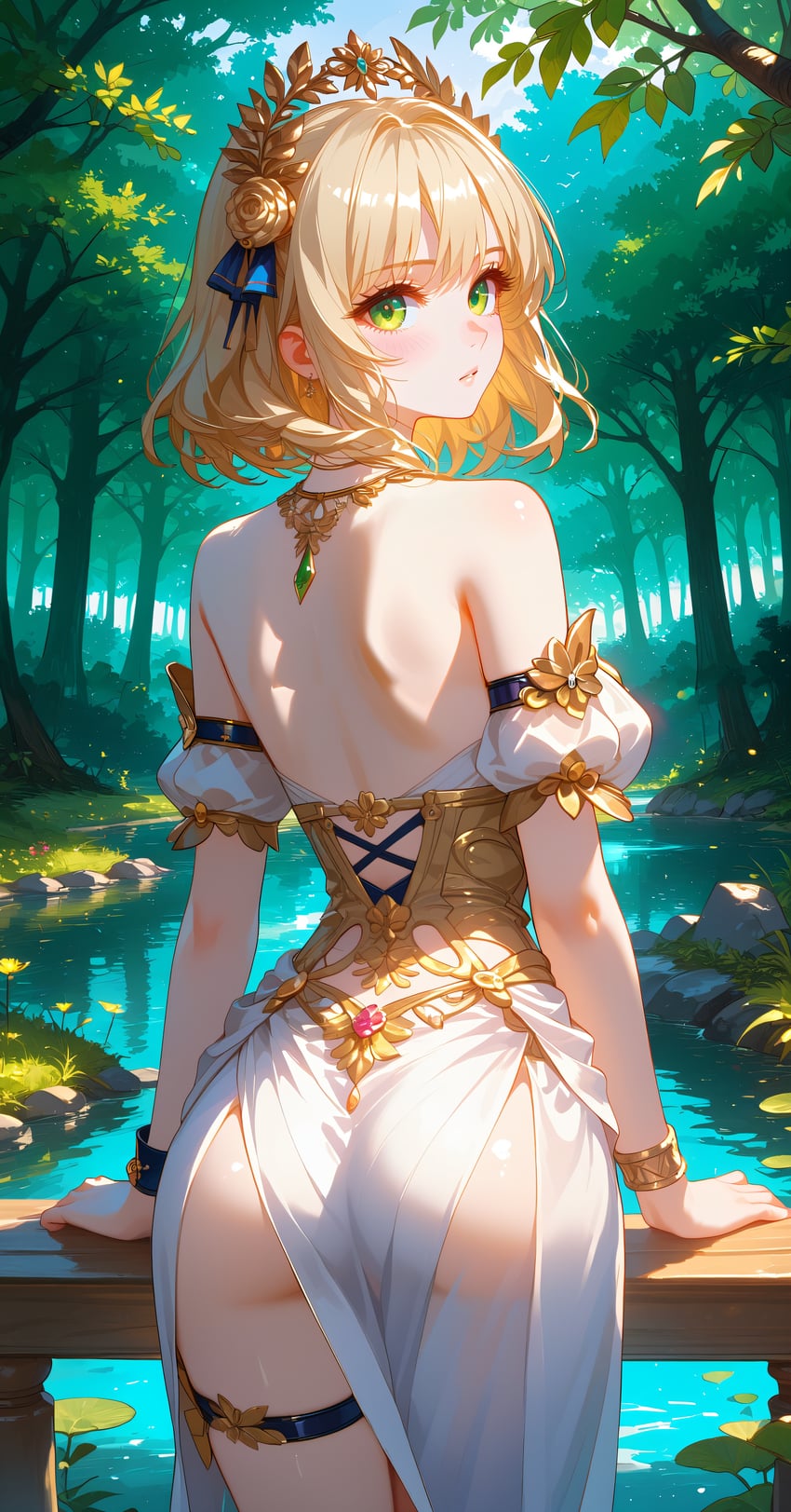 1girl, absurdres, aglaea_(honkai:_star_rail), armlet, ass, back, bare_shoulders, blonde_hair