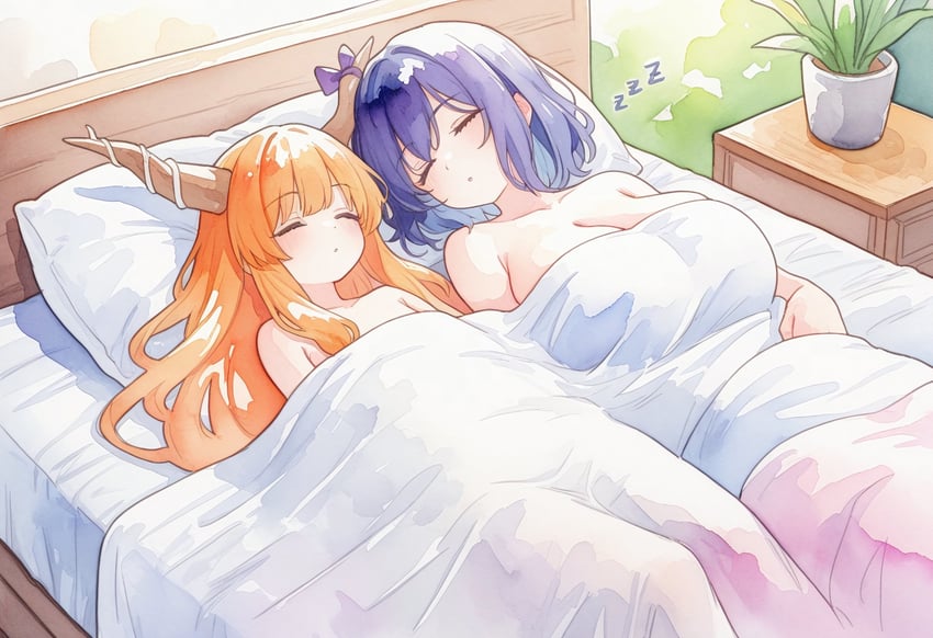 2girls, absurdres, bed, bed_sheet, bedroom, blanket, breasts, closed_eyes