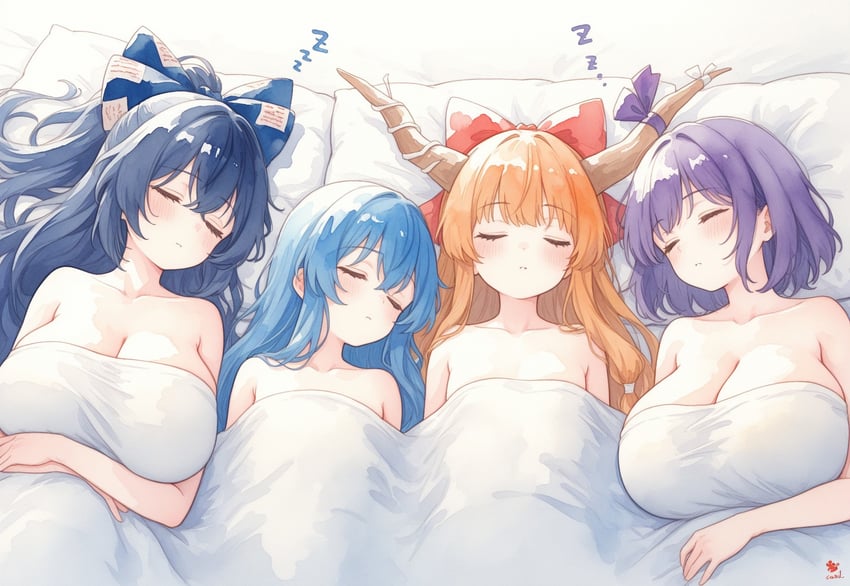 4girls, bed, bed_sheet, blanket, blue_bow, blue_hair, bow, breasts