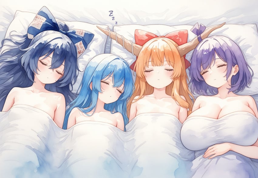 4girls, bed, bed_sheet, blanket, blue_bow, blue_hair, bow, breasts
