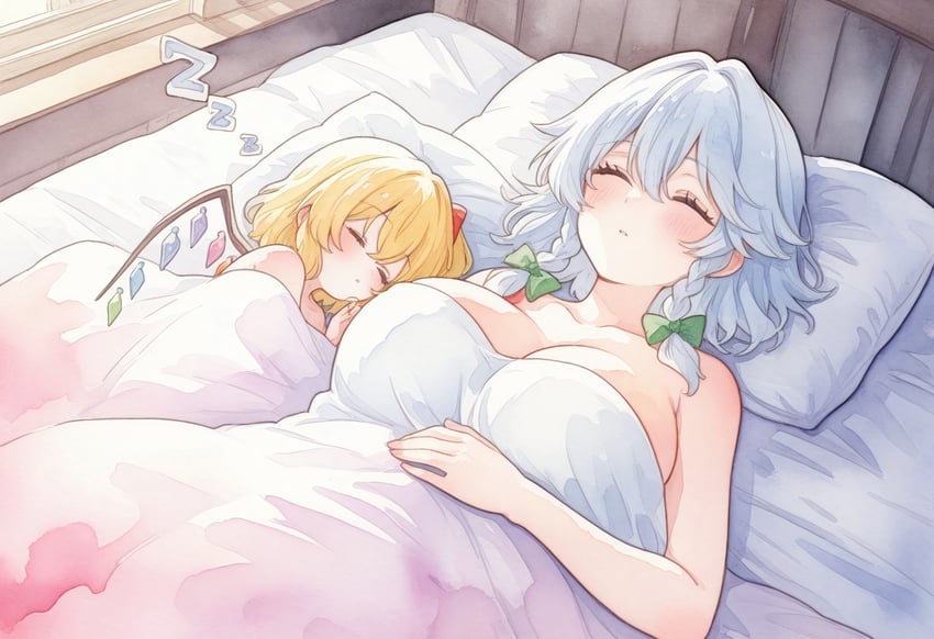 2girls, absurdres, bed, bed_sheet, bedroom, blanket, blonde_hair, bow, braid, breasts, crystal, flandre_scarlet, flat_chest, green_bow, grey_hair, head_on_pillow, highres, huge_breasts, incredibly_absurdres, izayoi_sakuya, junihito, large_breasts, multiple_girls, nude, on_bed, pillow, red_ribbon, regional_prompter, ribbon, self-upload, size_difference, sleeping, touhou, twin_braids, vampire, wai-illustrious-sdxl, wings