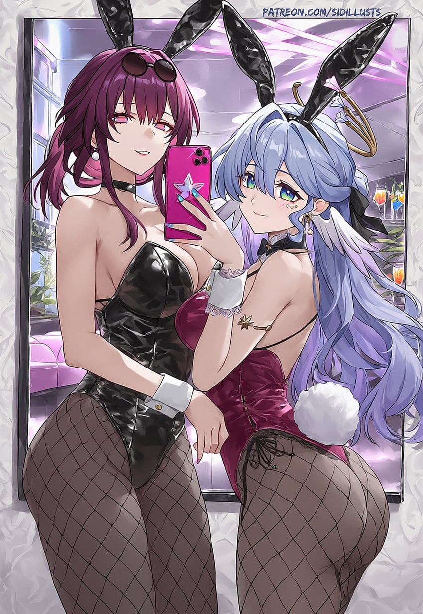2girls, alternate_costume, animal_ears, ass, bare_shoulders, black_bow, black_choker, black_hairband