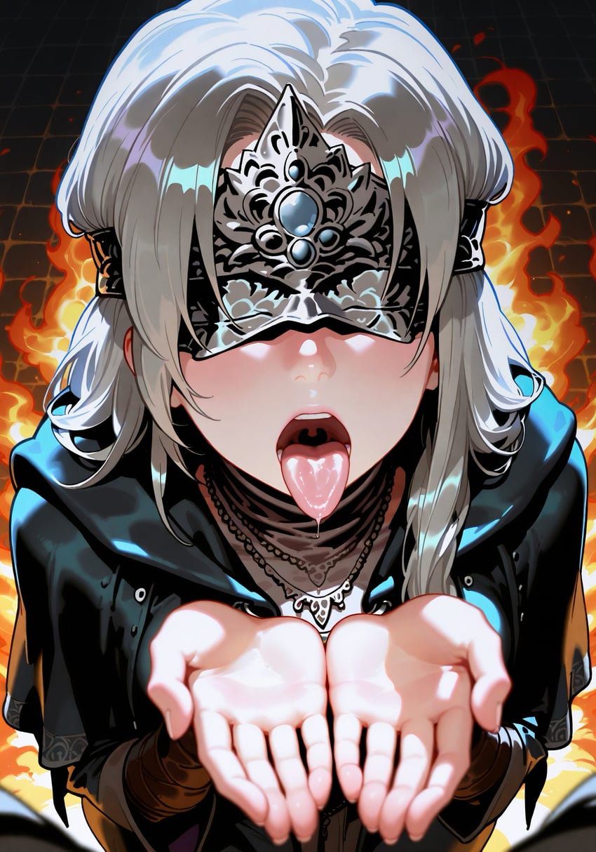 1girl, absurdres, blindfold, blush, capelet, covered_eyes, cupping_hands, dark_souls_(series)