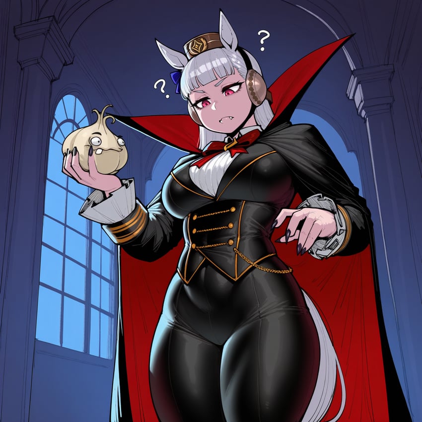 1girl, animal_ears, artist_request, bow, confused, fangs, fingernails, food, garlic_(plants_vs_zombies), gold_ship_(umamusume), hallway, headphones, highres, holding, holding_food, horse_ears, horse_girl, horse_tail, long_hair, model_request, night, pillar, plants_vs_zombies, red_bow, red_eyes, sharp_fingernails, tail, tight, umamusume, vampire, white_hair, window