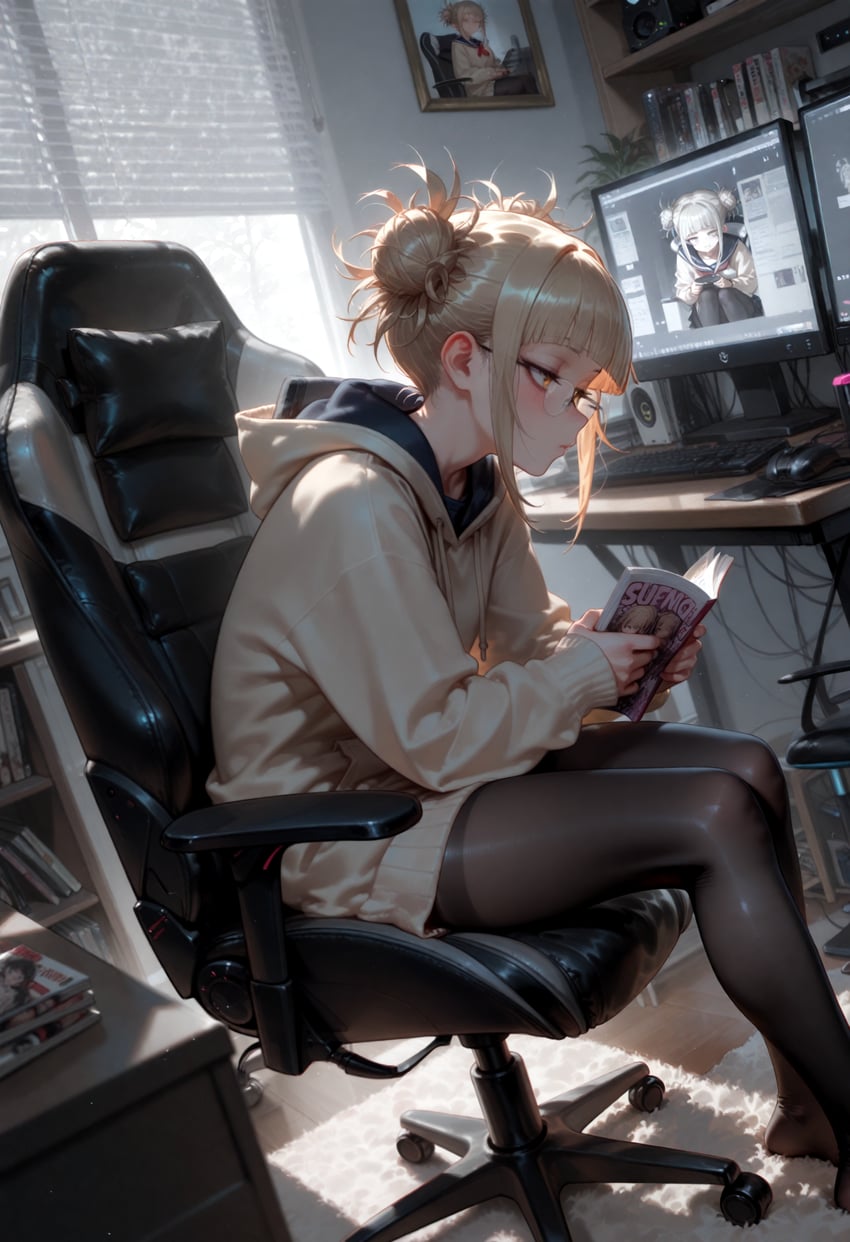 1girl, absurdres, backlighting, bags_under_eyes, bangs, black_pantyhose, blonde_hair, blunt_bangs