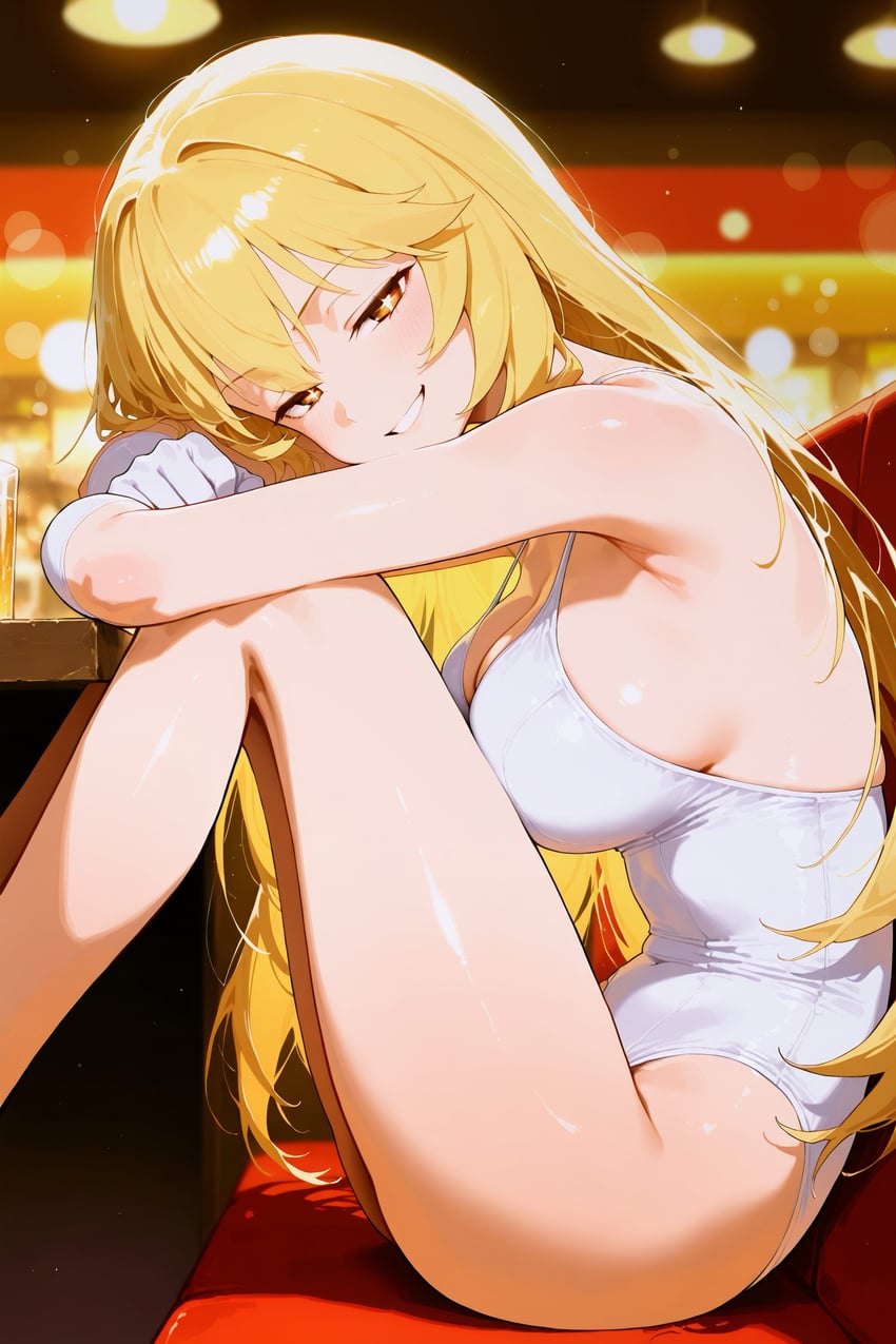 1girl, absurdres, bare_legs, bare_shoulders, blonde_hair, blurry, blurry_background, blush