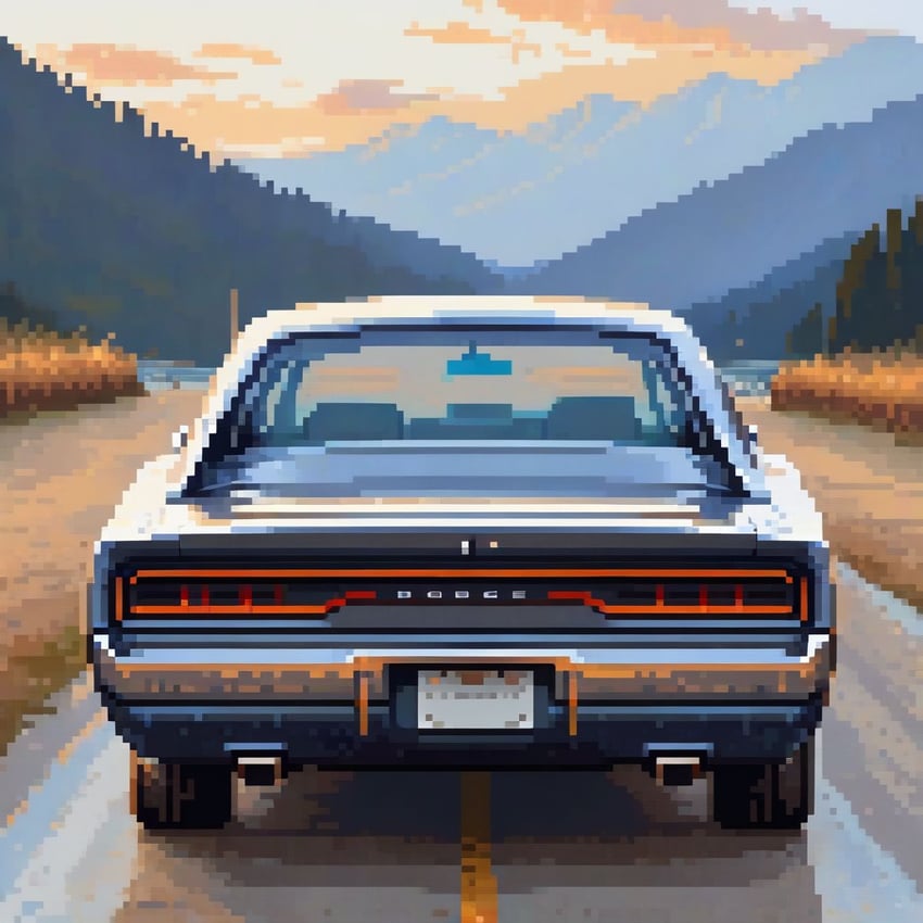 car, day, ground_vehicle, lora, misslecommand, motor_vehicle, mountain, mountainous_horizon, no_humans, original, outdoors, pixel_art, pixel_art_diffusion_xl, plant, road, vehicle_focus