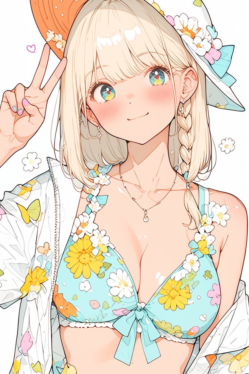 1girl, aqua_nails, bangs, bare_shoulders, bikini, blunt_bangs, blush, braid