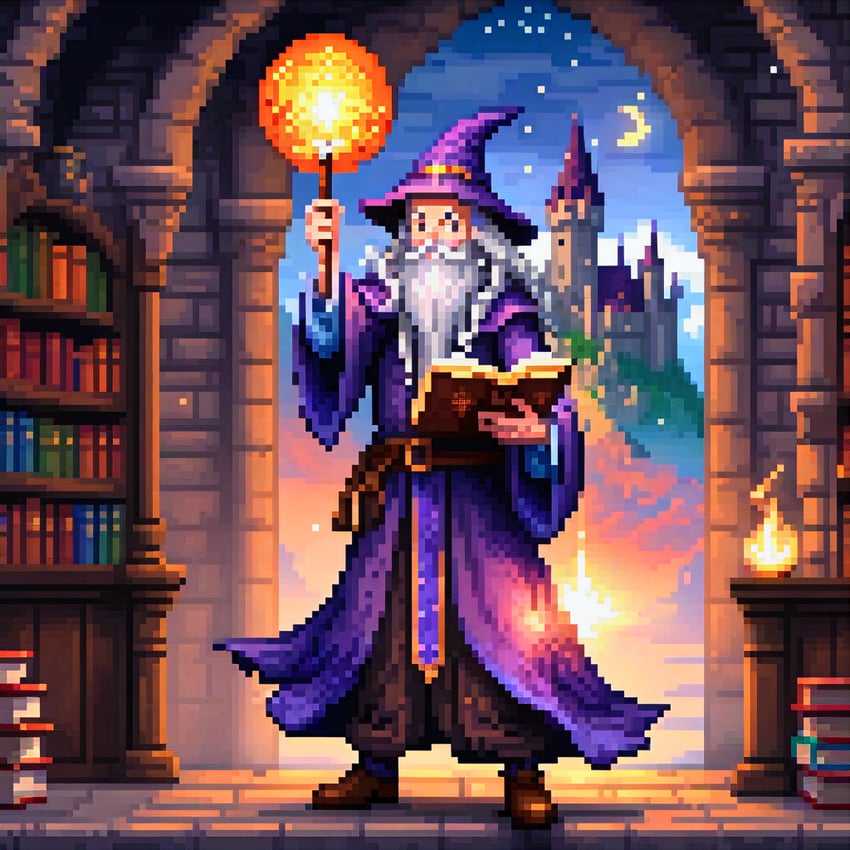 1boy, arm_up, beard, black_eyes, book, book_stack, bookshelf, brown_footwear