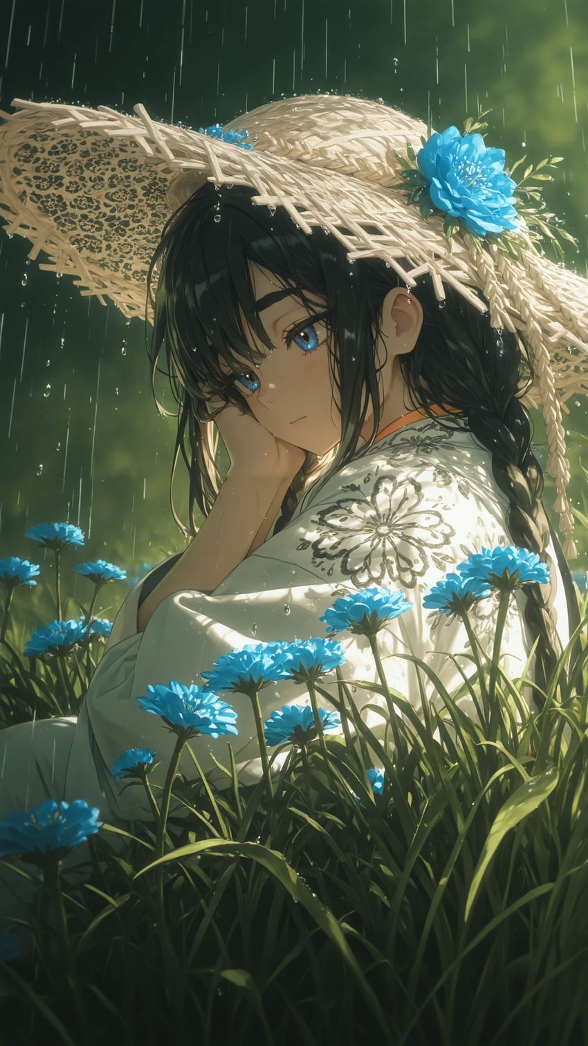 1girl, absurdres, bangs, black_hair, blue_eyes, blue_flower, blurry, blurry_background