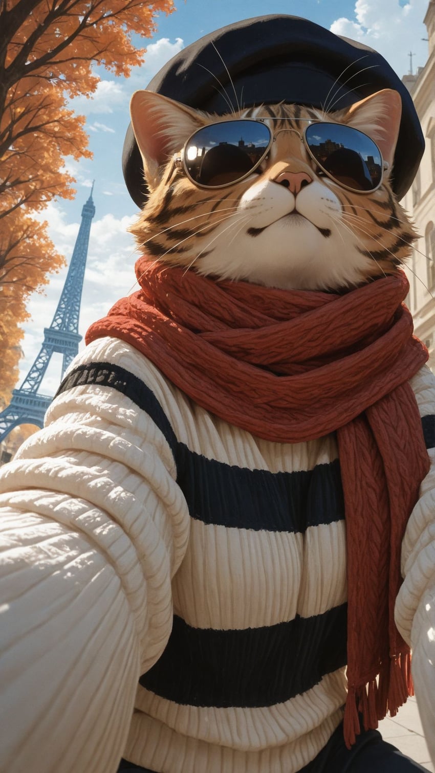 1boy, animal, animal_ears, autumn, autumn_leaves, beret, black_headwear, blue_sky