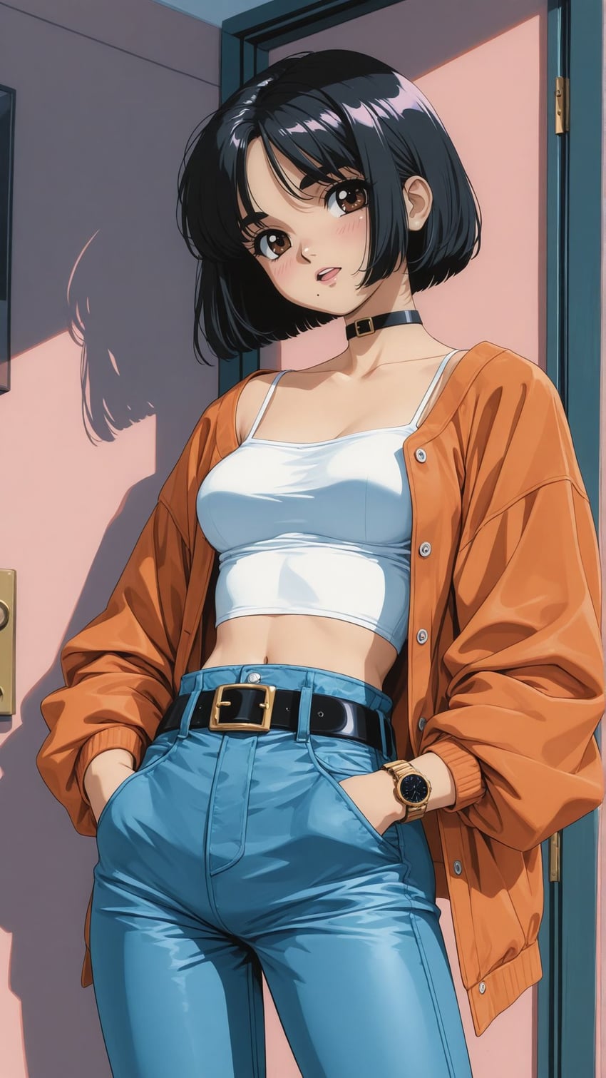 1girl, bangs, belt, belt_buckle, black_belt, black_choker, black_hair, blue_pants, brown_eyes, buckle, buttons, choker, cowboy_shot, hands_in_pockets, head_tilt, highres, iceb2, jacket, long_sleeves, looking_at_viewer, medium_hair, midriff, mole, navel, orange_jacket, orange_shirt, original, pants, parted_bangs, plant_milk, retro_artstyle, shirt, solo, standing, thick_eyebrows, watch, white_shirt, wristwatch