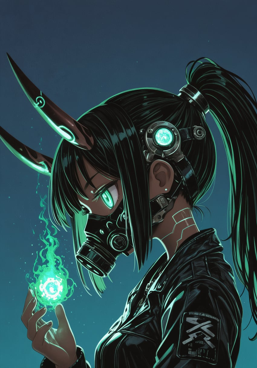 1girl, absurdres, black_hair, black_jacket, blue_background, colored_inner_hair, colored_outline, cyberpunk