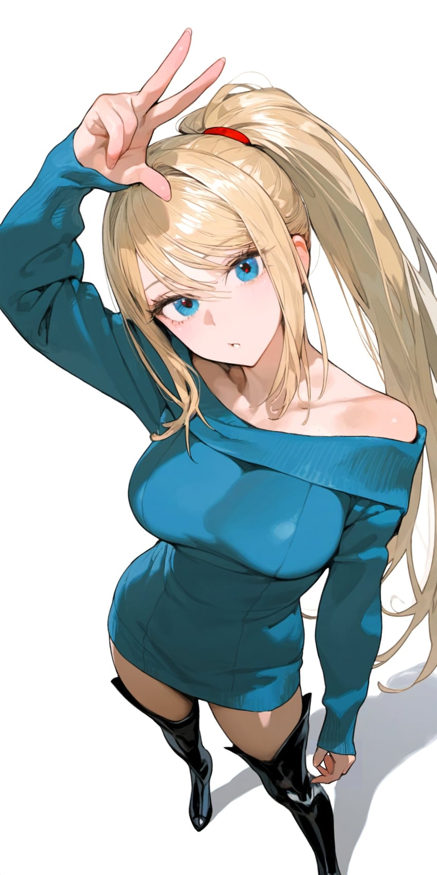 1girl, ai_chan_1111, arm_up, bare_shoulders, black_footwear, blonde_hair, blue_eyes, blue_sweater