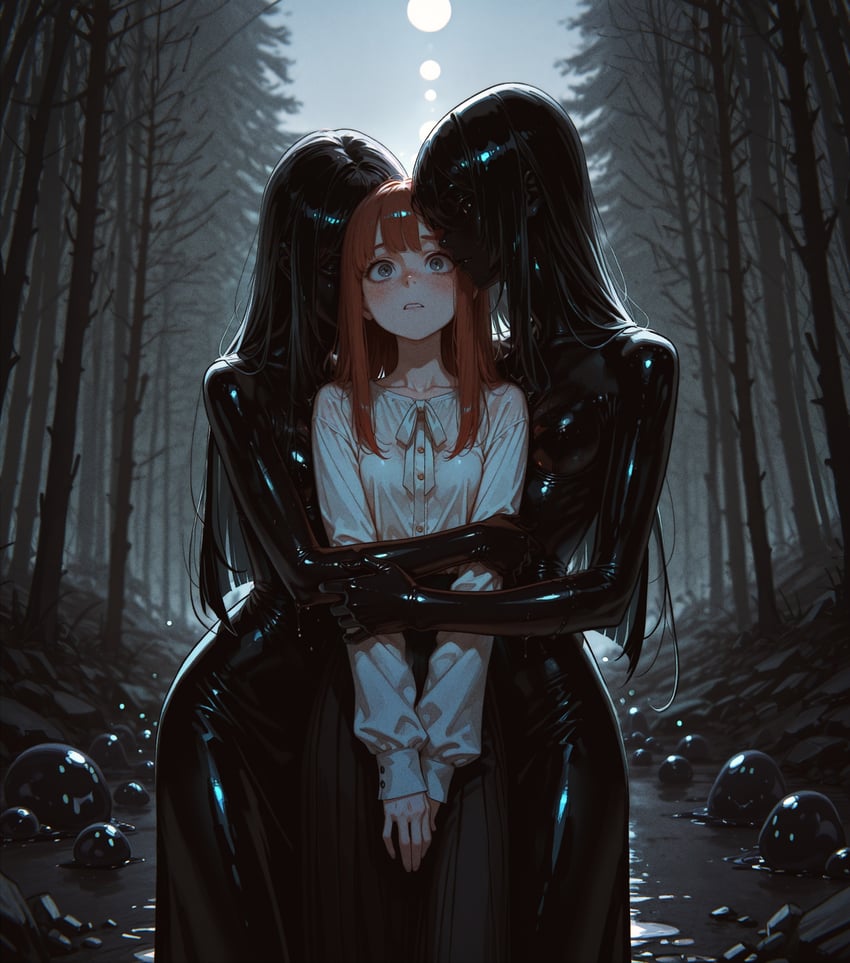 3girls, absurdres, antlers_anon, bangs, black_hair, blunt_bangs, blush, bodysuit