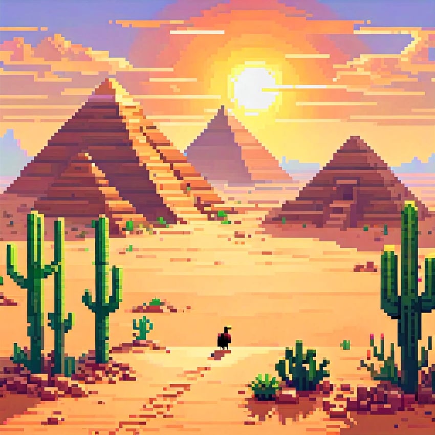 animal, bird, cactus, cloud, day, desert, no_humans, original, outdoors, p4xm3ch4nic4, pixel_art, pixel_art_diffusion_xl, plant, pyramid_(structure), scenery, sun, sunlight
