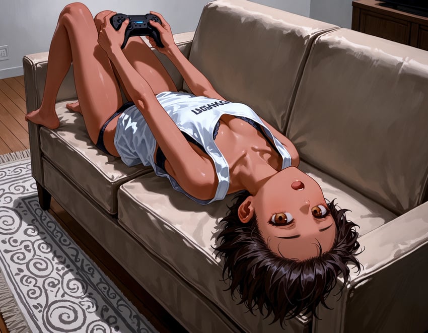 1girl, barefoot, black_bra, black_hair, black_panties, bra, breasts, brown_eyes