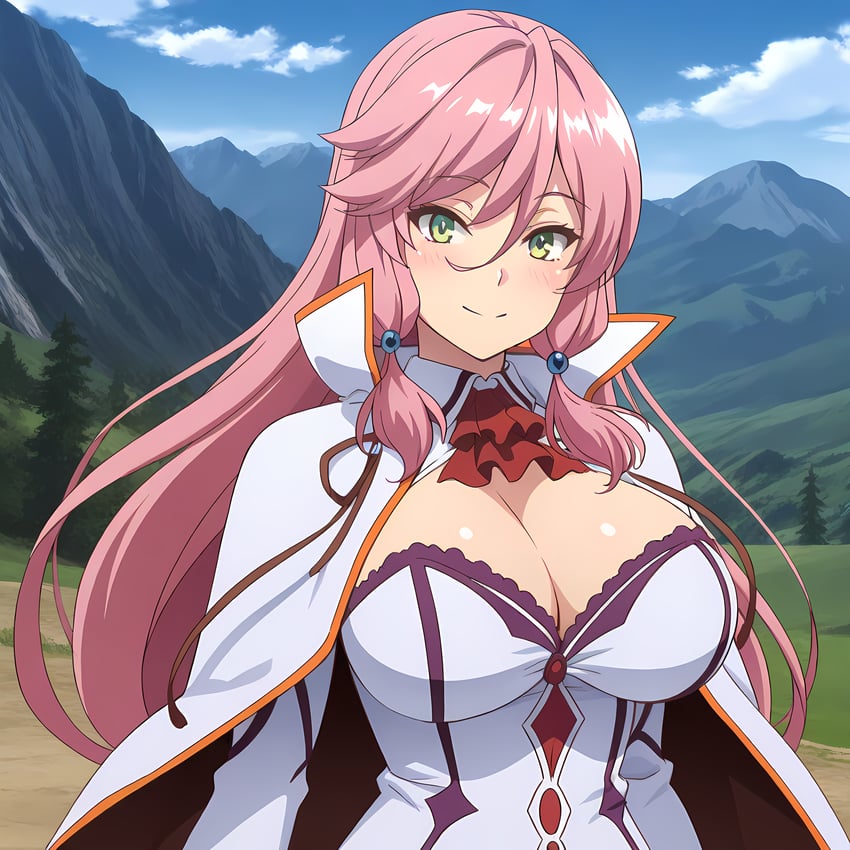 1girl, absurdres, bangs, blush, breasts, cape, cleavage, dress