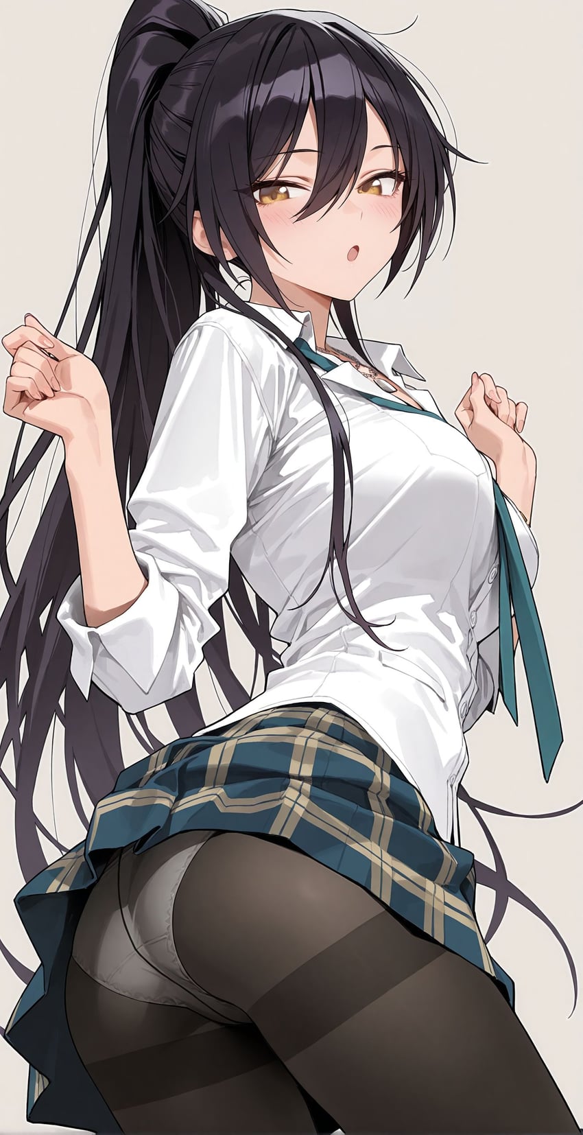 1girl, :o, ass, bangs, black_hair, black_pantyhose, blue_skirt, blush