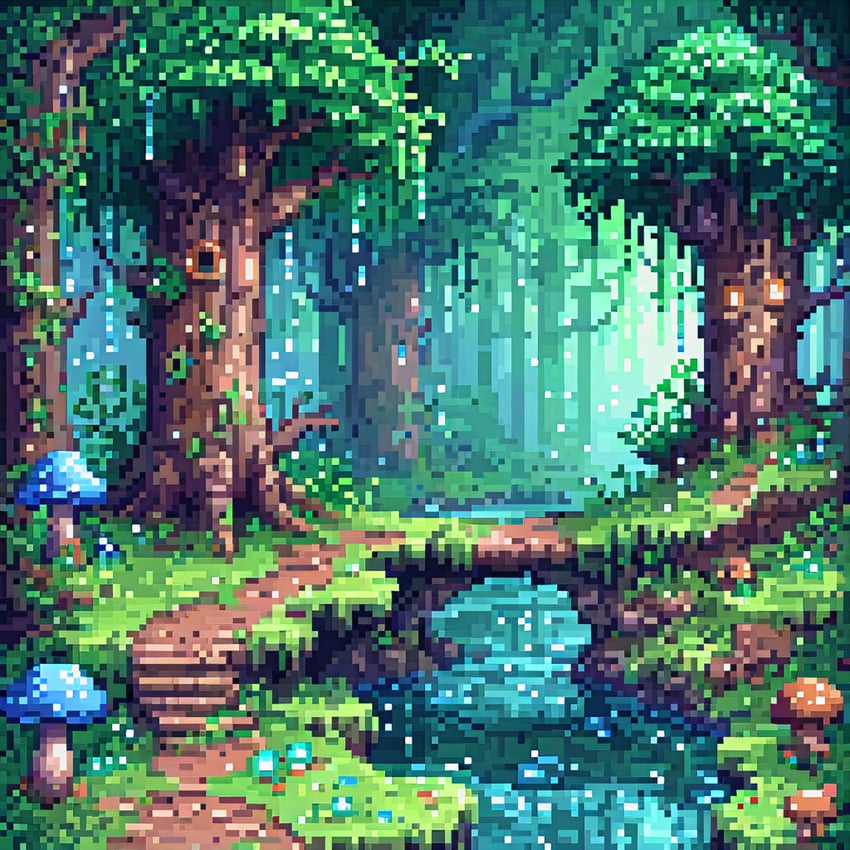 arsmachina, blue_flower, day, flower, forest, grass, lora, moss, mushroom, nature, no_humans, original, outdoors, pixel_art, pixel_art_diffusion_xl, plant, river, scenery, tree, water