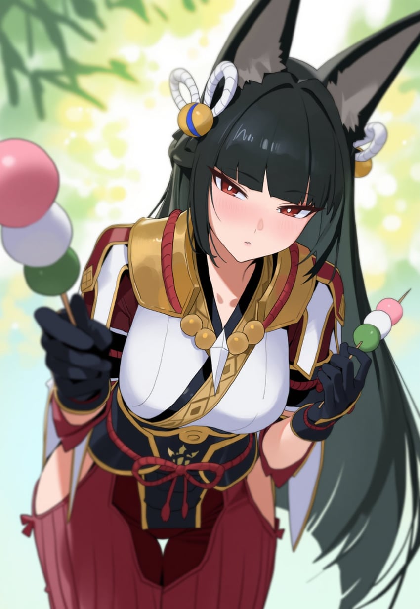 1girl, aiart_fring, animal_ears, black_gloves, black_hair, cosplay, dango, food