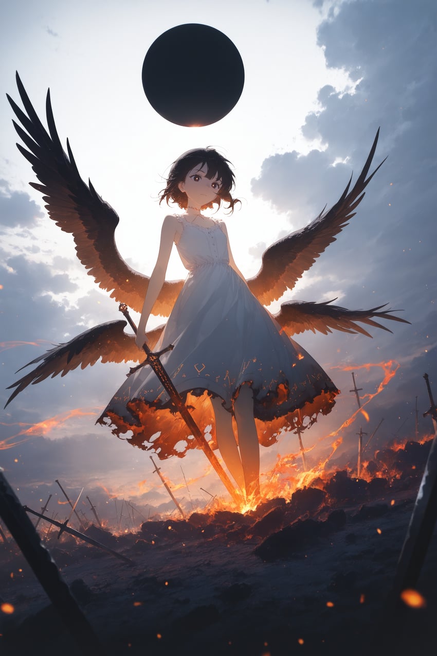 1girl, absurdres, angel, angel_wings, black_hair, burnt_clothes, cloud, cloudy_sky