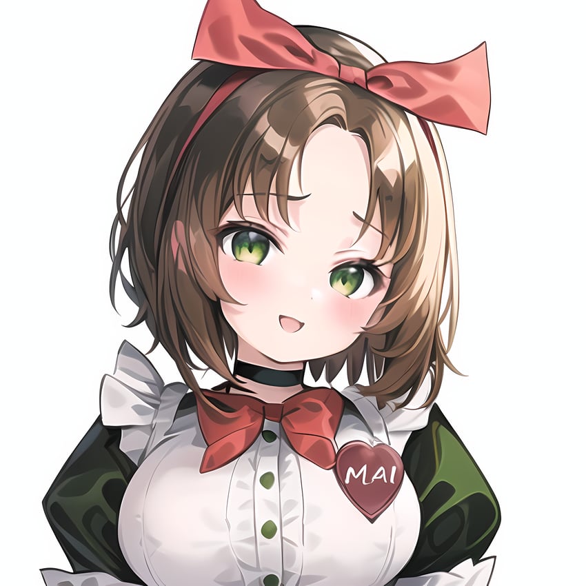 1girl, :d, anything_(model), apron, blush, bow, breasts, brown_hair, choker, green_eyes, highres, indie_virtual_youtuber, j_tan, looking_at_viewer, mai-chan_no_nichijou, maid, red_bow, self-upload, simple_background, smile, solo, upper_body, virtual_youtuber, white_background, yumemino_mai