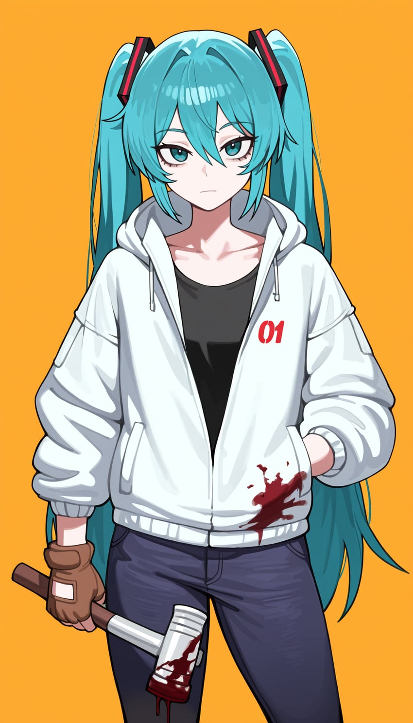 1girl, aqua_eyes, black_pants, black_shirt, blood, blood_on_clothes, blood_on_weapon, blue_hair