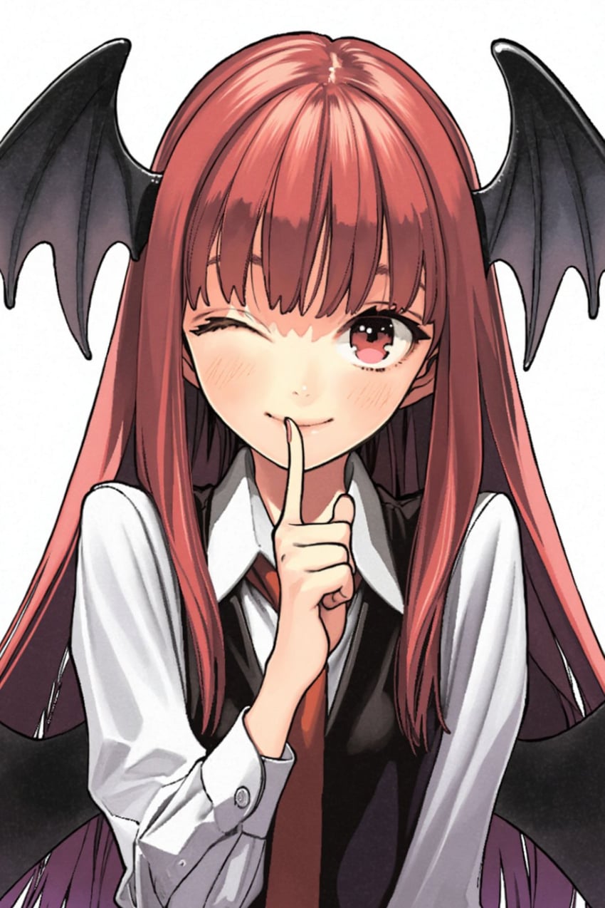1girl, black_vest, black_wings, breasts, collared_shirt, commentary_request, demon_wings, finger_to_mouth