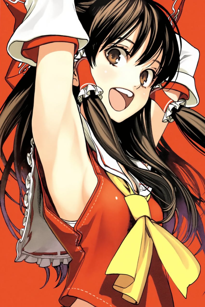 1girl, armpits, ascot, breasts, brown_eyes, brown_hair, commentary_request, detached_sleeves, hakurei_reimu, model_request, momomomo, red_background, red_shirt, shirt, sleeveless, sleeveless_shirt, small_breasts, solo, teeth, touhou, upper_body, upper_teeth_only, white_sleeves, wide_sleeves, yellow_ascot