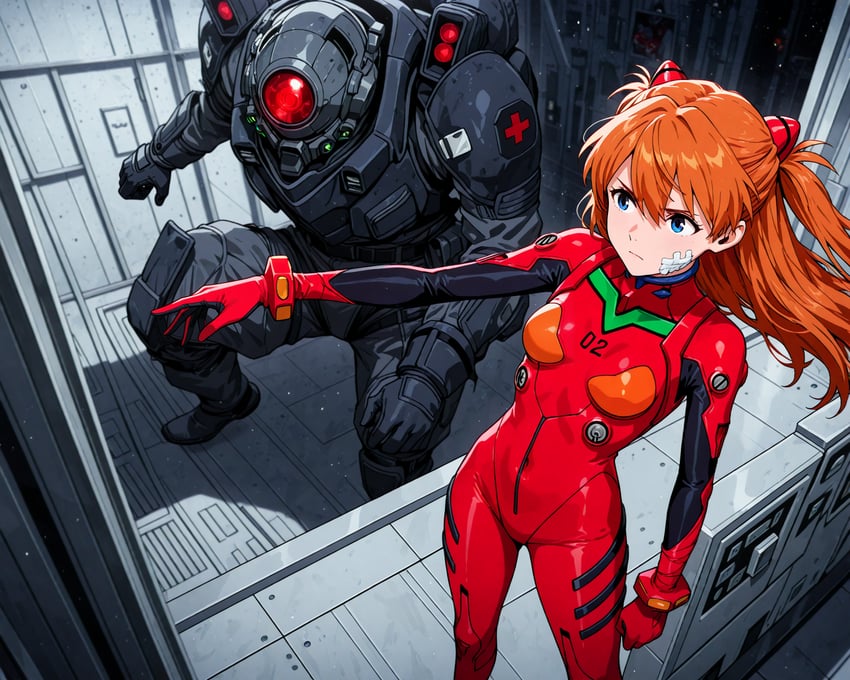 1girl, bandaid, bandaid_on_face, bangs, blue_eyes, bodysuit, bracer, breasts