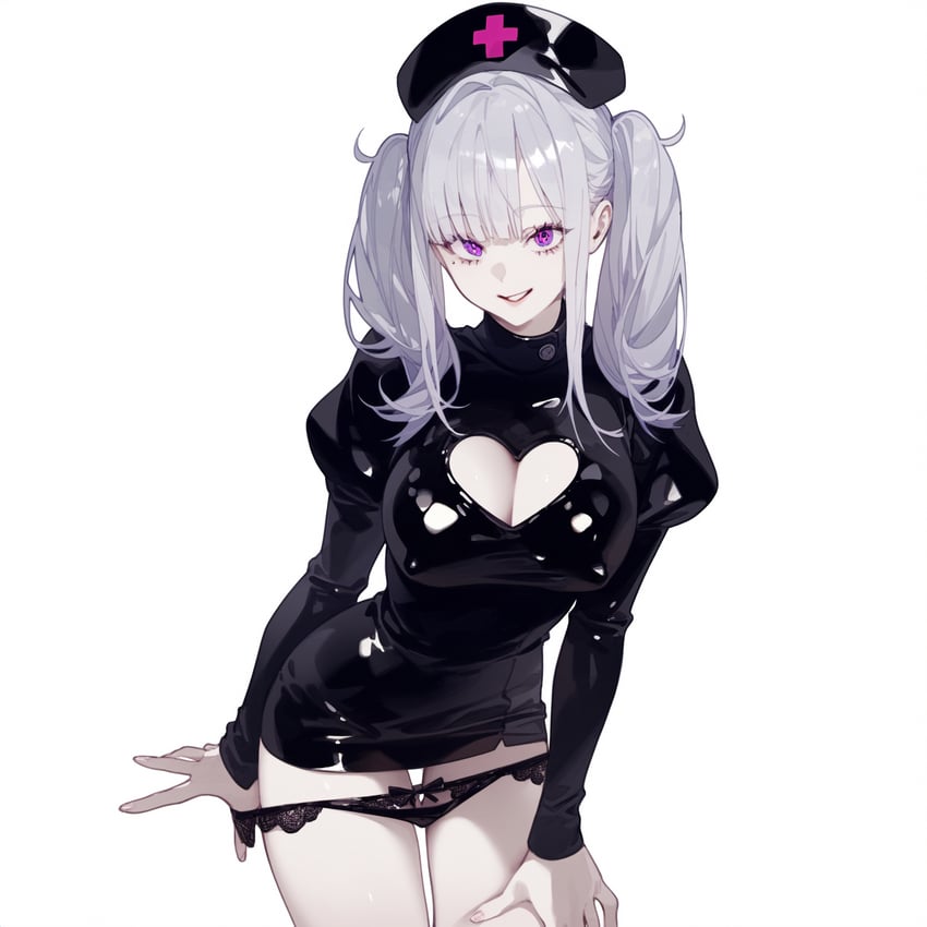 1girl, black_headwear, black_panties, breasts, cleavage, cleavage_cutout, clothing_cutout, cowboy_shot, dress, eyebrows_visible_through_hair, feet_out_of_frame, grey_hair, hat, heart_cutout, highres, hitlerai_(artist), juliet_sleeves, large_breasts, latex, latex_dress, lipstick, long_sleeves, looking_at_viewer, makeup, nijisanji, novelai, nurse, nurse_cap, panties, panty_pull, puffy_sleeves, pulling_own_clothes, purple_eyes, self-upload, sidelocks, smile, solo, sukoya_kana, twintails, underwear, white_background