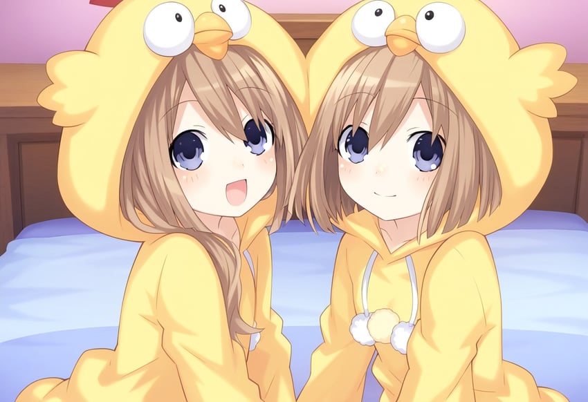 2girls, :d, animal_hood, bangs, bird, blue_eyes, blunt_ends, blush