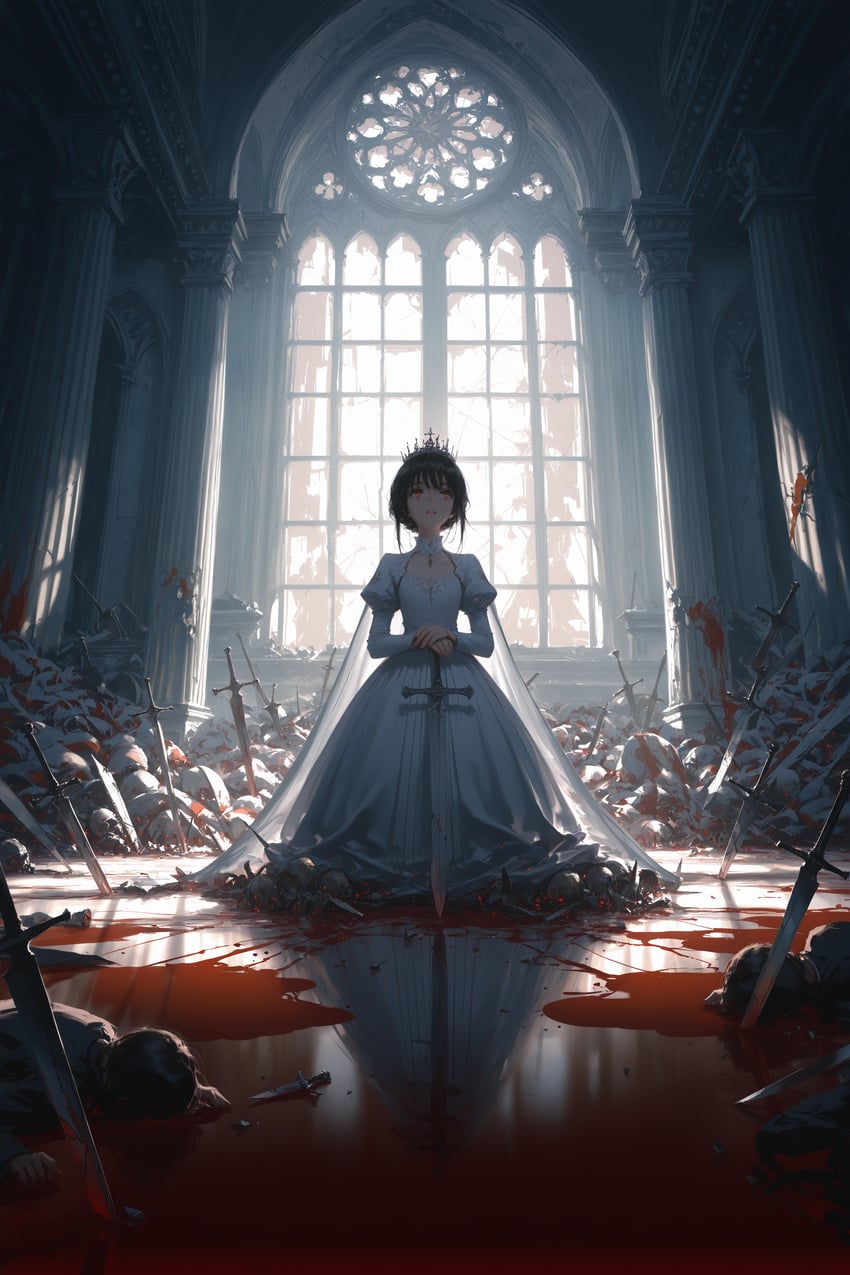 1girl, absurdres, blood, blood_on_ground, cape, crown, dress, expressionless, highres, indoors, kneeling, looking_up, multiple_swords, non-web_source, on_ground, original, plsdontultme, princess, red_eyes, reflection, self-upload, short_hair, sih, skull, sword, weapon, white_dress, window