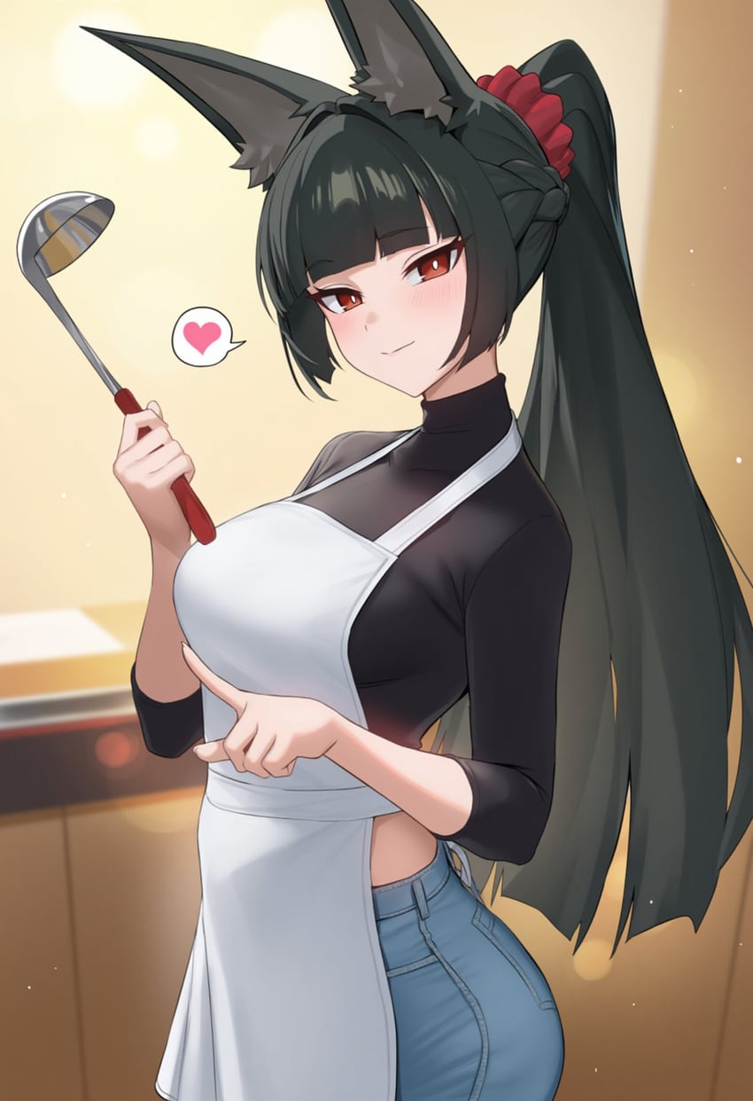 1girl, aiart_fring, alternate_costume, animal_ears, apron, bangs, black_hair, blunt_bangs