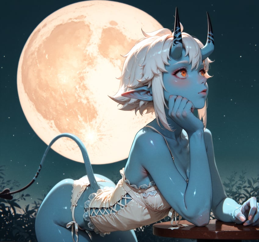 1girl, absurdres, antlers_anon, arm_support, ass, bare_arms, bare_shoulders, blue_oni