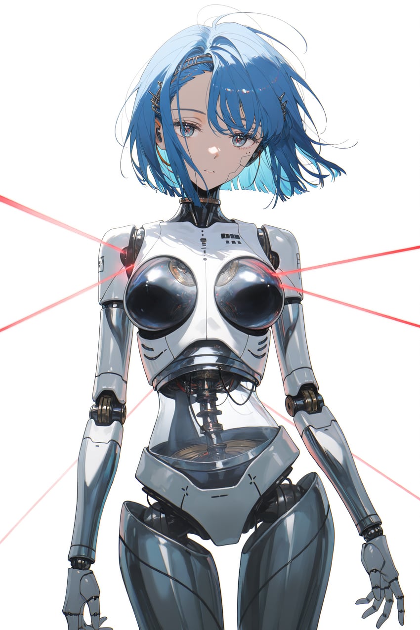 1girl, absurdres, android, blue_hair, cable, cowboy_shot, cyborg, expressionless
