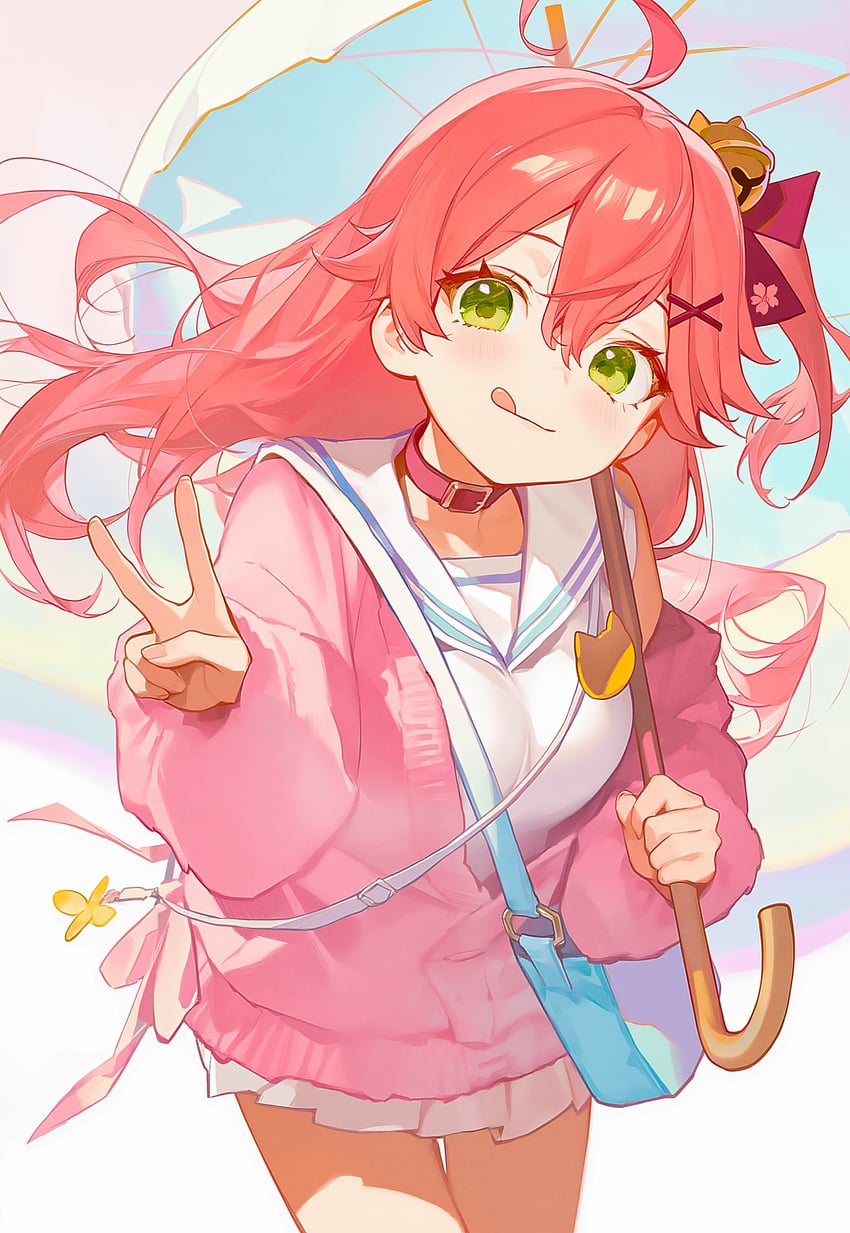 1girl, absurdres, ahoge, bag, bell, breasts, calculus_0001, green_eyes