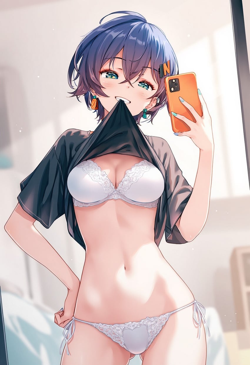 1girl, bangs, bedroom, belle_(zenless_zone_zero), biting, black_shirt, blue_hair, bra, breasts, cleavage, earrings, eyebrows_visible_through_hair, feet_out_of_frame, green_eyes, hair_between_eyes, hair_ornament, hairpin, hand_on_own_hip, indoors, jewelry, light_blush, light_rays, looking_at_viewer, medium_breasts, model_request, navel, panties, raaicave, selfie, shiny, shiny_hair, shirt, short_hair, smile, solo, standing, thighs, underwear, zenless_zone_zero