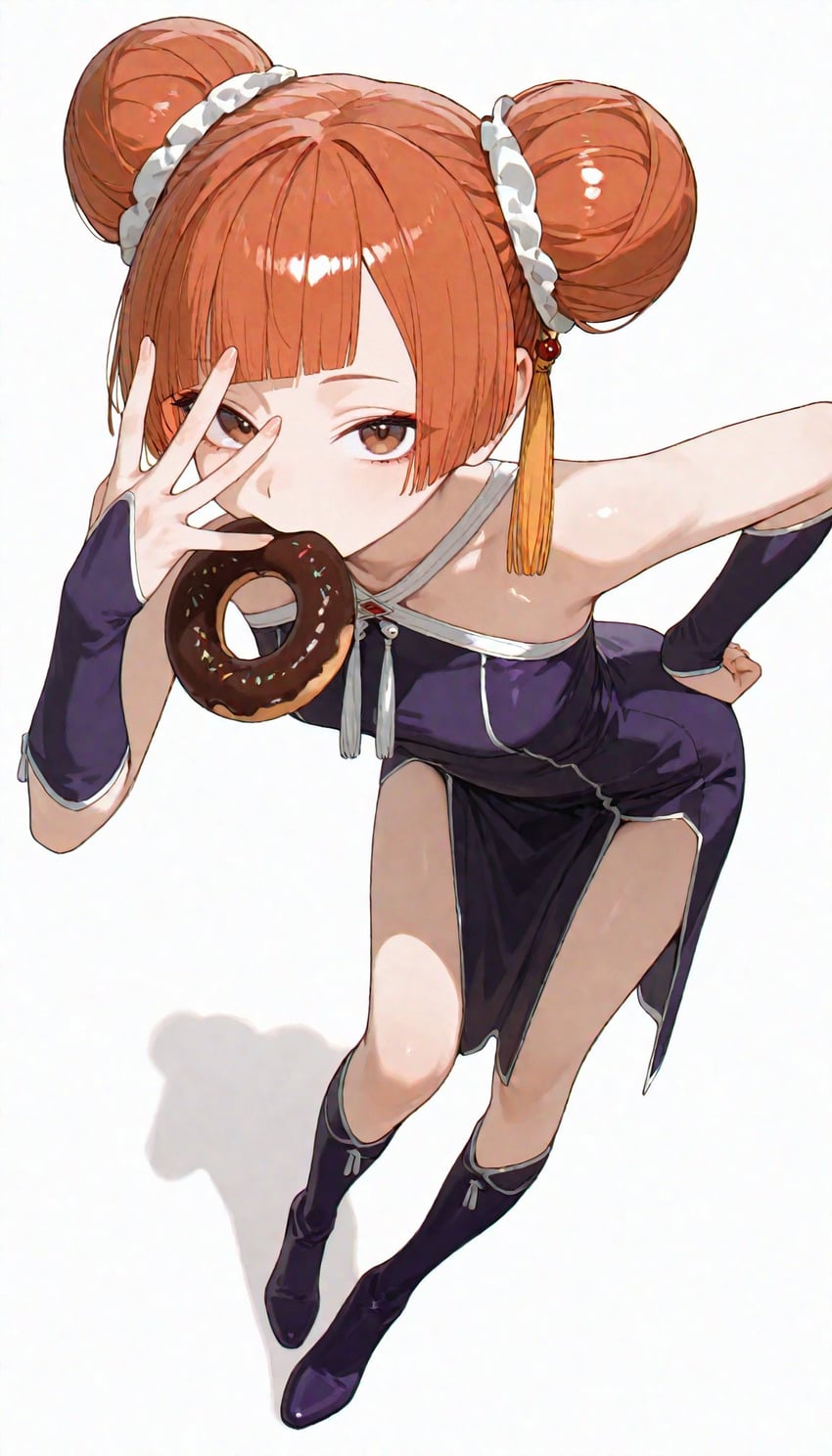 1girl, asymmetrical_bangs, bangs, bare_shoulders, blunt_bangs, boots, bridal_gauntlets, brown_eyes