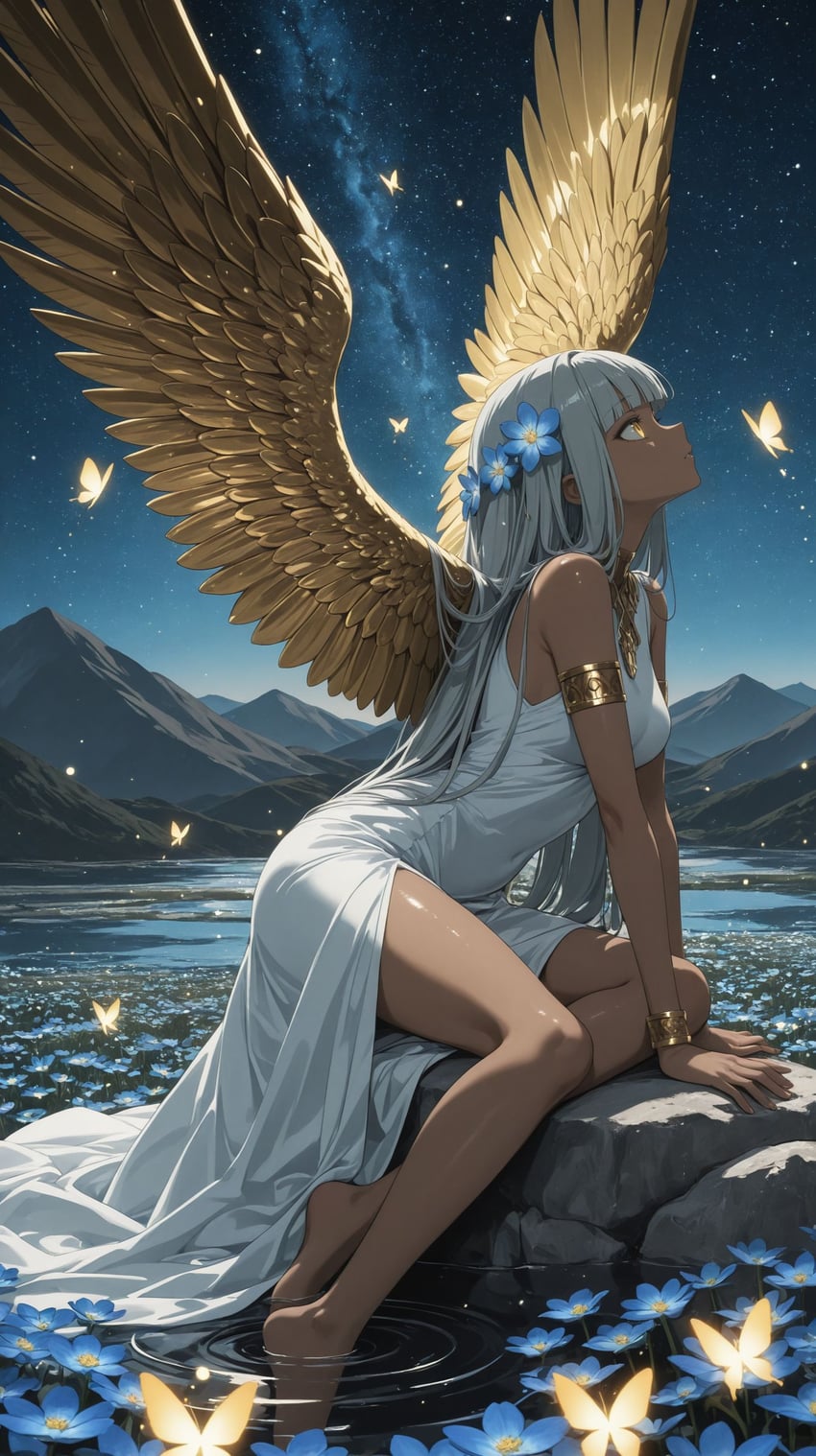 1girl, angel, angel_wings, arm_support, armlet, bangs, barefoot, blue_flower