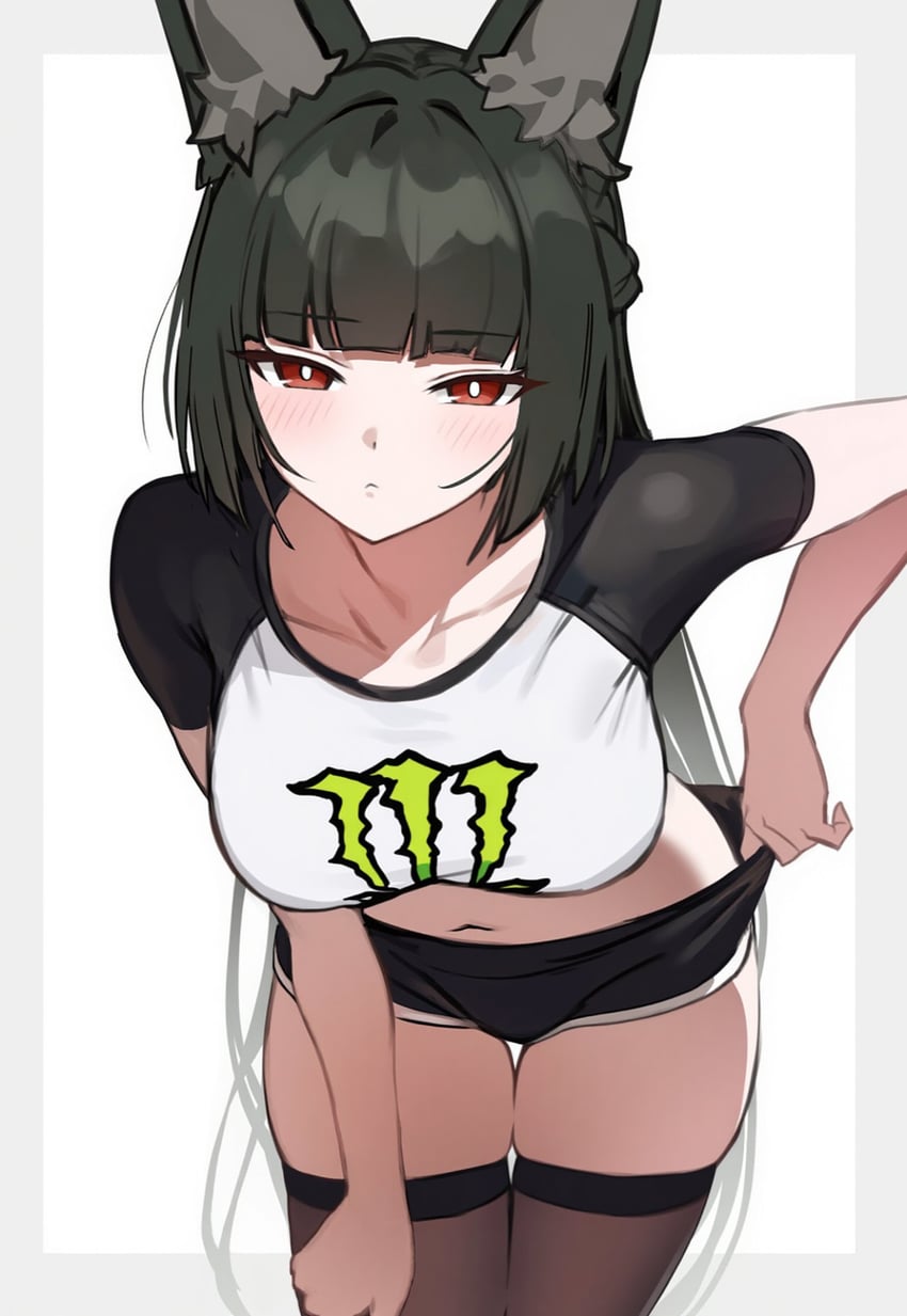 1girl, aiart_fring, alternate_costume, animal_ears, bangs, black_hair, black_shorts, blunt_bangs