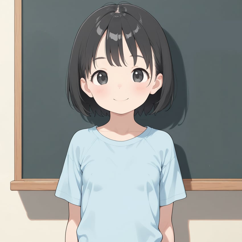 1girl, black_eyes, black_hair, breasts, chalkboard, collarbone, dot_nose, facing_viewer, kohara_niho, light_blue_shirt, loli, looking_at_viewer, non-web_source, original, rammy, self-upload, shirt, short_hair, small_breasts, smile, solo, standing, t-shirt, tareme, upper_body