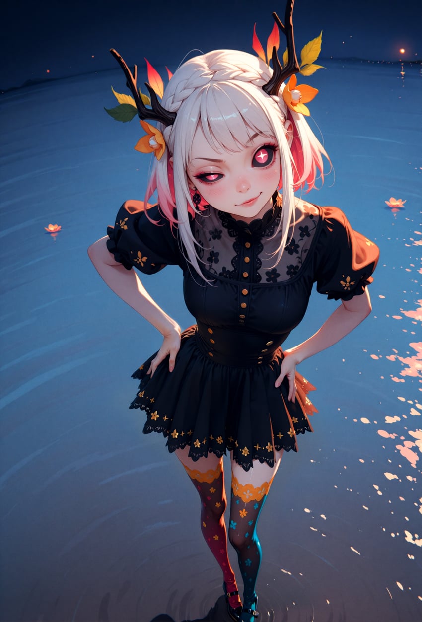 1girl, absurdres, antlers, antlers_anon, black_dress, black_footwear, black_sclera, closed_mouth