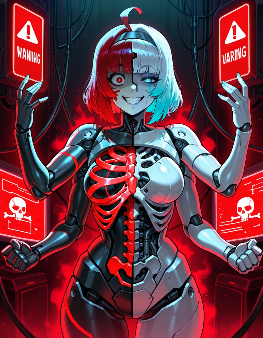 1girl, adetailer, ahoge, android, anime_coloring, backlighting, bangs, blood