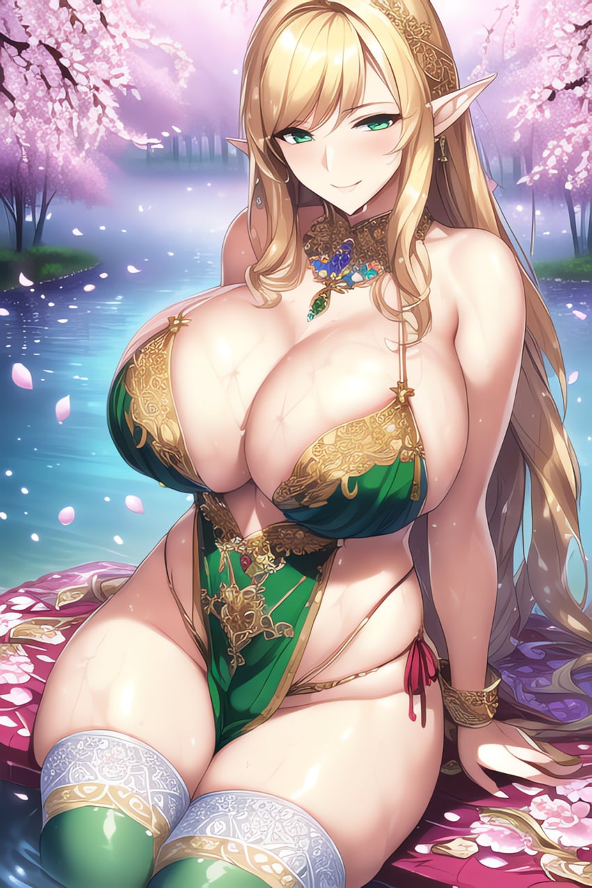 1girl, absurdres, ailovehigokko, bare_shoulders, blonde_hair, bracelet, branch, breasts